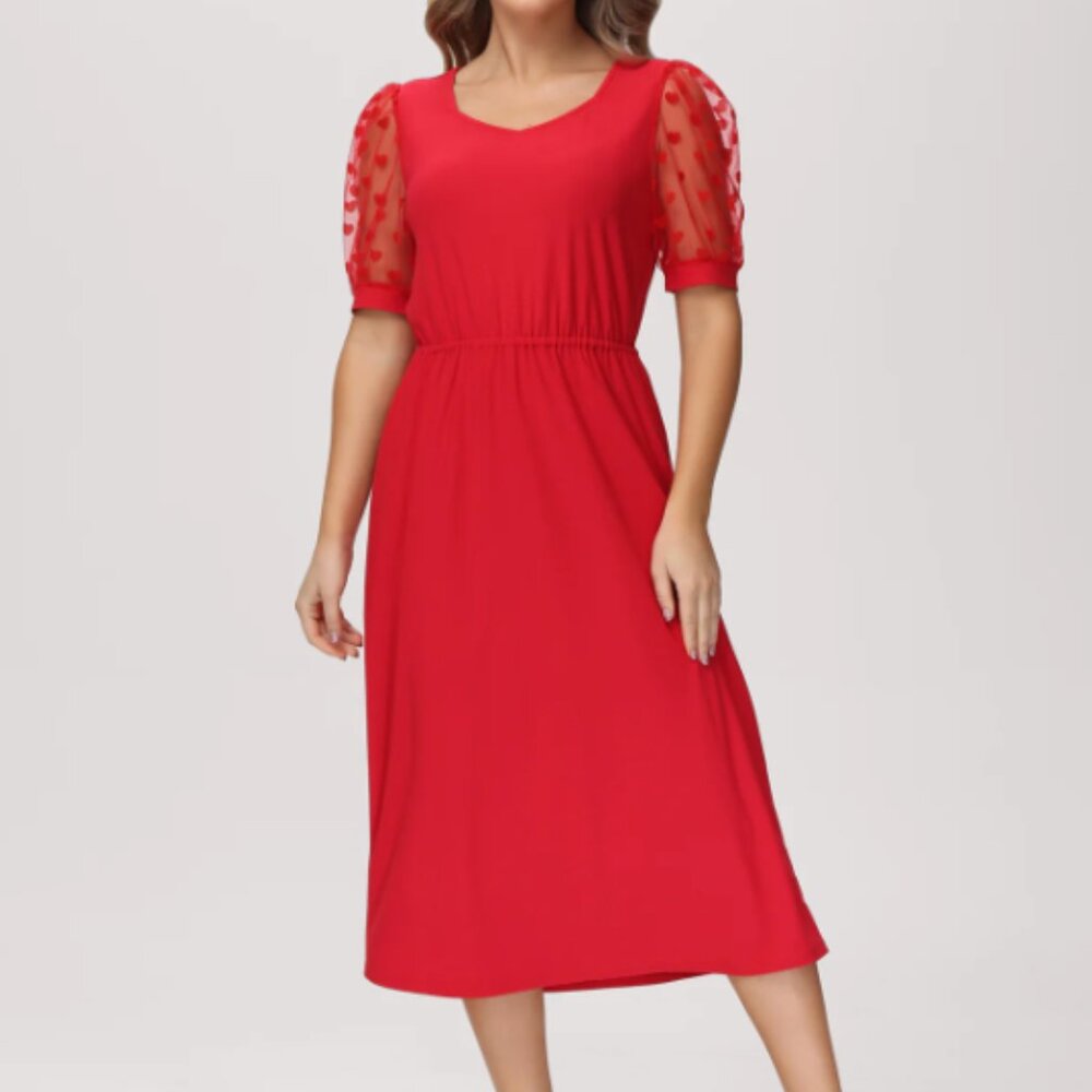 Chic Scarlet Midi Dress with Sheer Sleeves